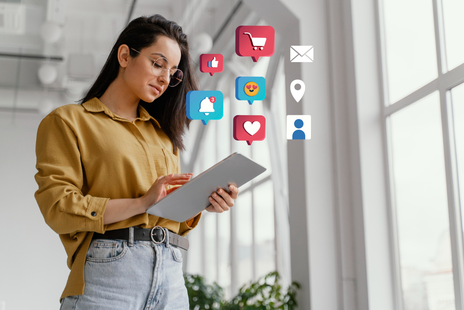 Mujer usando tablet para hacer marketing de afiliados desde casa
